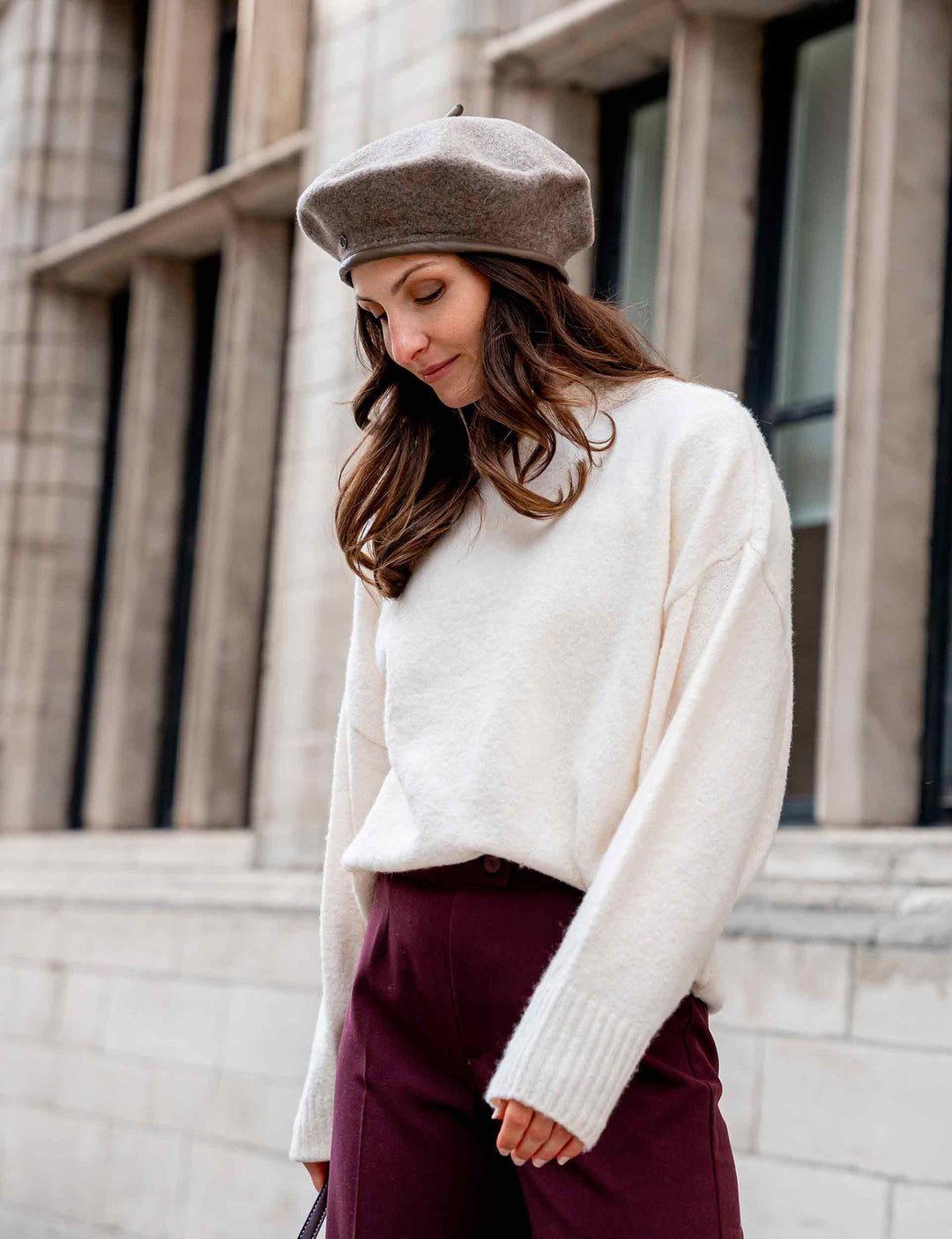 Wool Beret with Faux Leather Trim