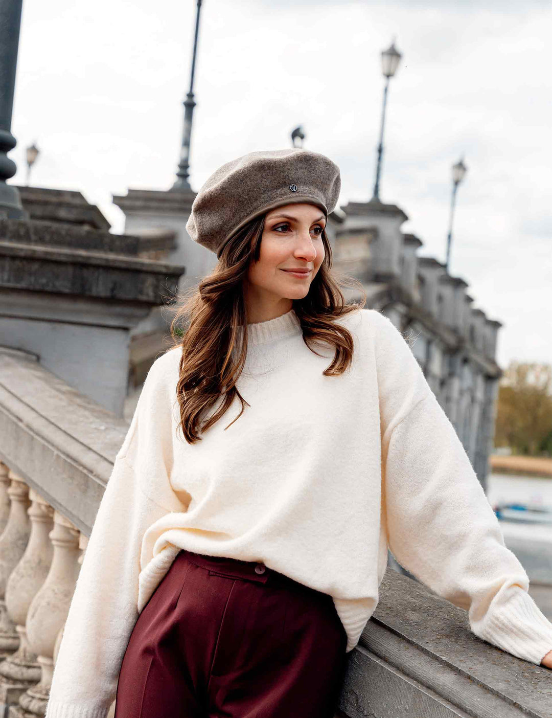 Wool Beret with Faux Leather Trim