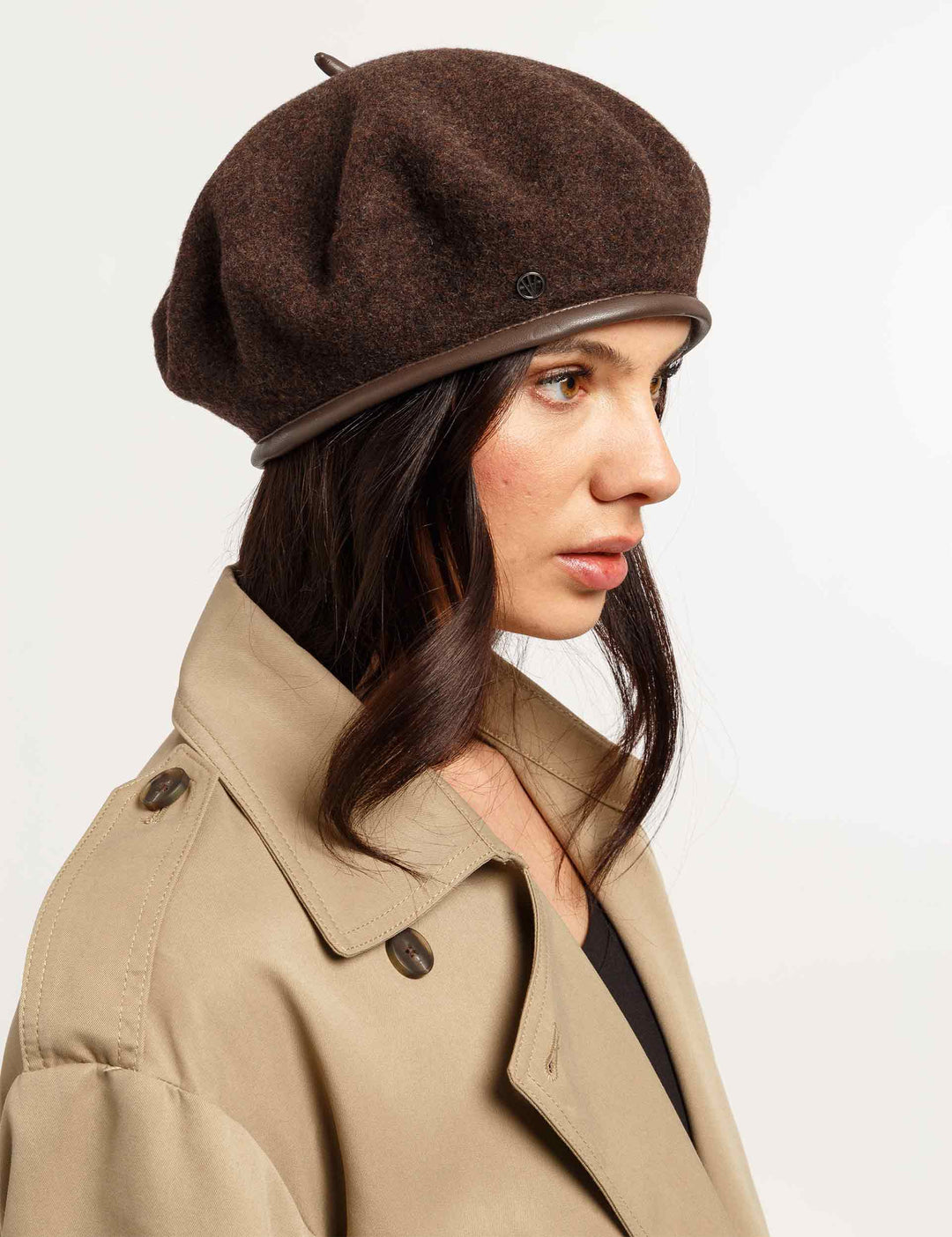 Wool Beret with Faux Leather Trim